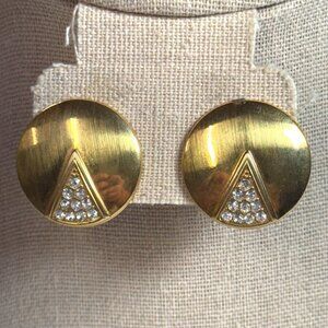 French Vtg Gold Tone Triangle Crystal Round Clip On Earrings Geometric Art Deco